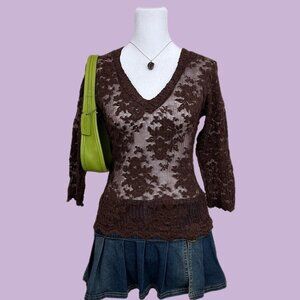 vintage 90s brown floral whimsygoth fairy grunge  sheer lace 1/2 sleeve top